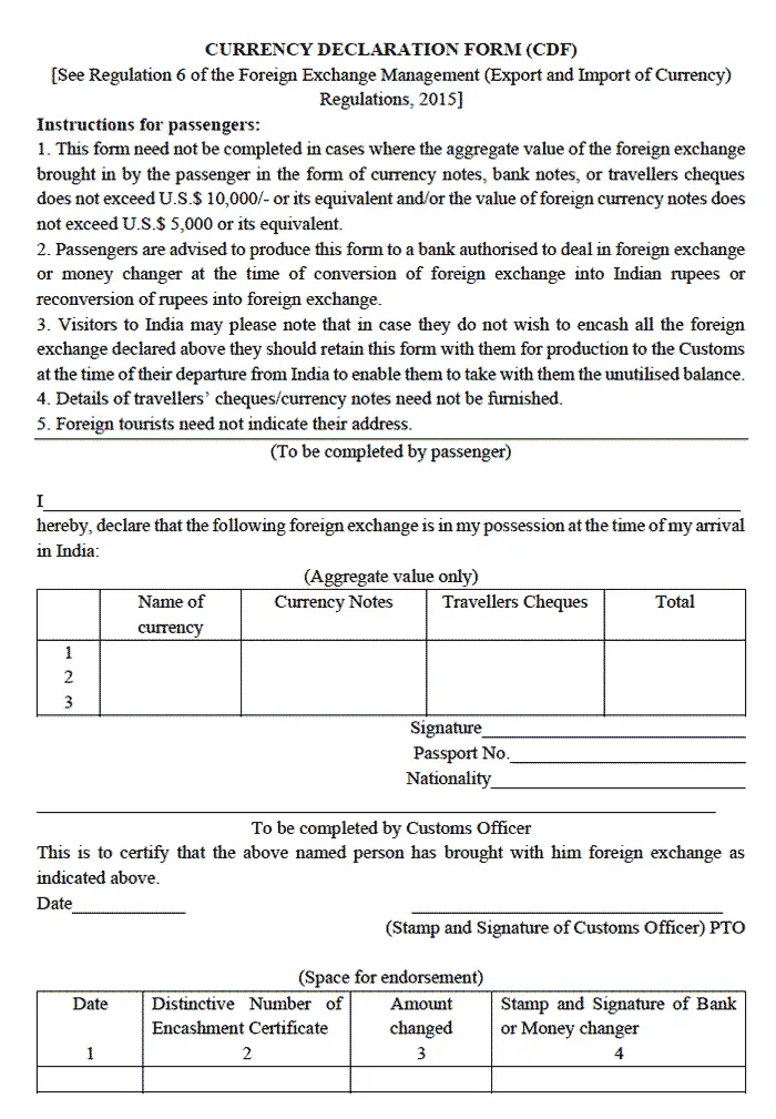 Currency Declaration Form India