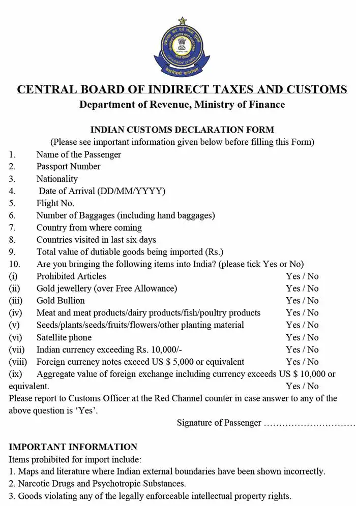 Indian Customs Declaration Form Sample Page 1