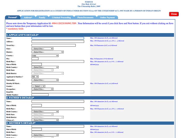 Indian Citizenship Online Application Form