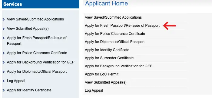 Click on Apply for Fresh Passport