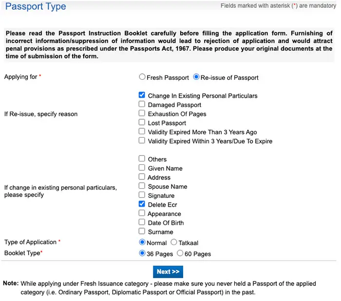 Select Passport Type