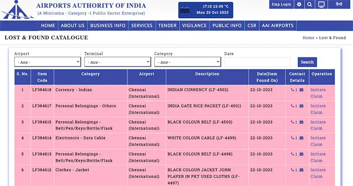 Airport Authority of India Lost and Found Catalogue